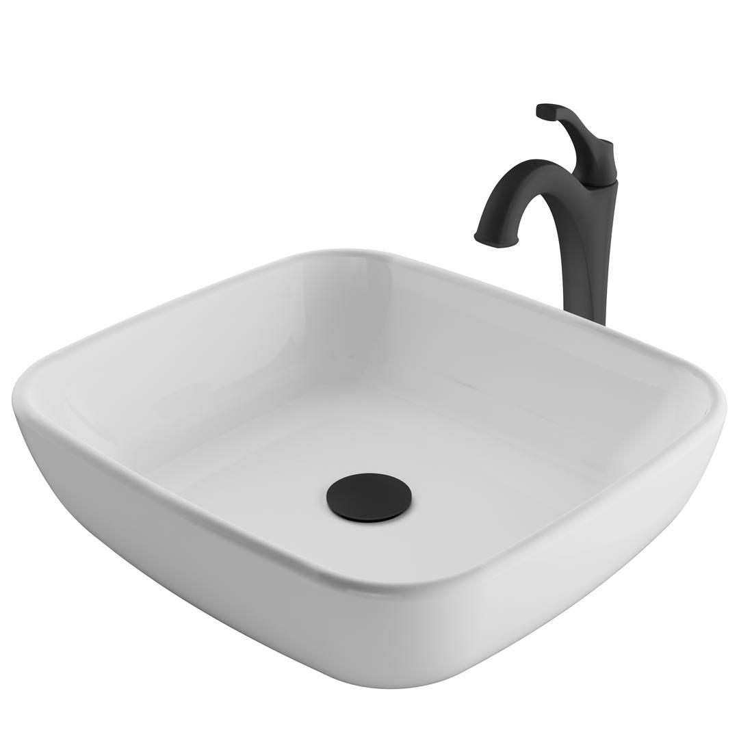 Kraus C-kcv-127-1200mb 18 In. Elavo Rectangular White Porcelain Ceramic Bathroom Vessel Sink & Matte Black Arlo Faucet Combo Set With Pop-up Drain