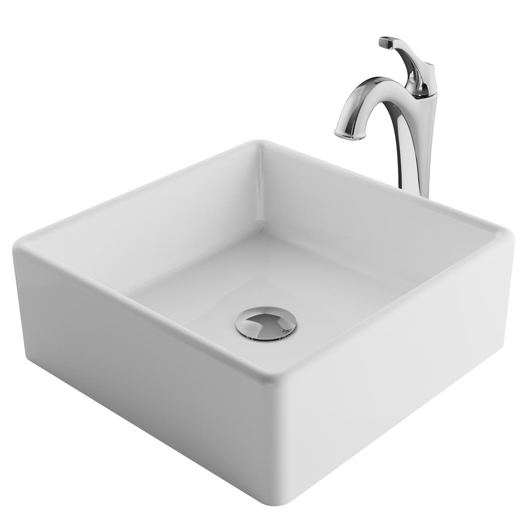 Kraus C-kcv-120-1200ch 15 In. Elavo Square White Porcelain Ceramic Bathroom Vessel Sink & Arlo Faucet Combo Set With Pop-up Drain, Chrome