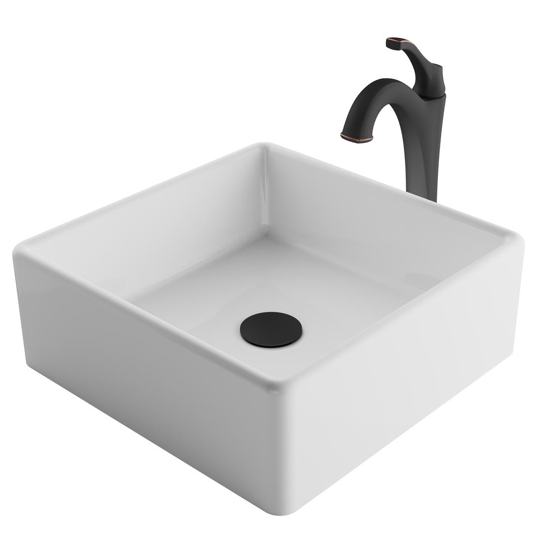 Kraus 15 In. Elavo Square White Porcelain Ceramic Bathroom Vessel Sink & Arlo Faucet Combo Set With Pop-up Drain, Oil Rubbed Bronze