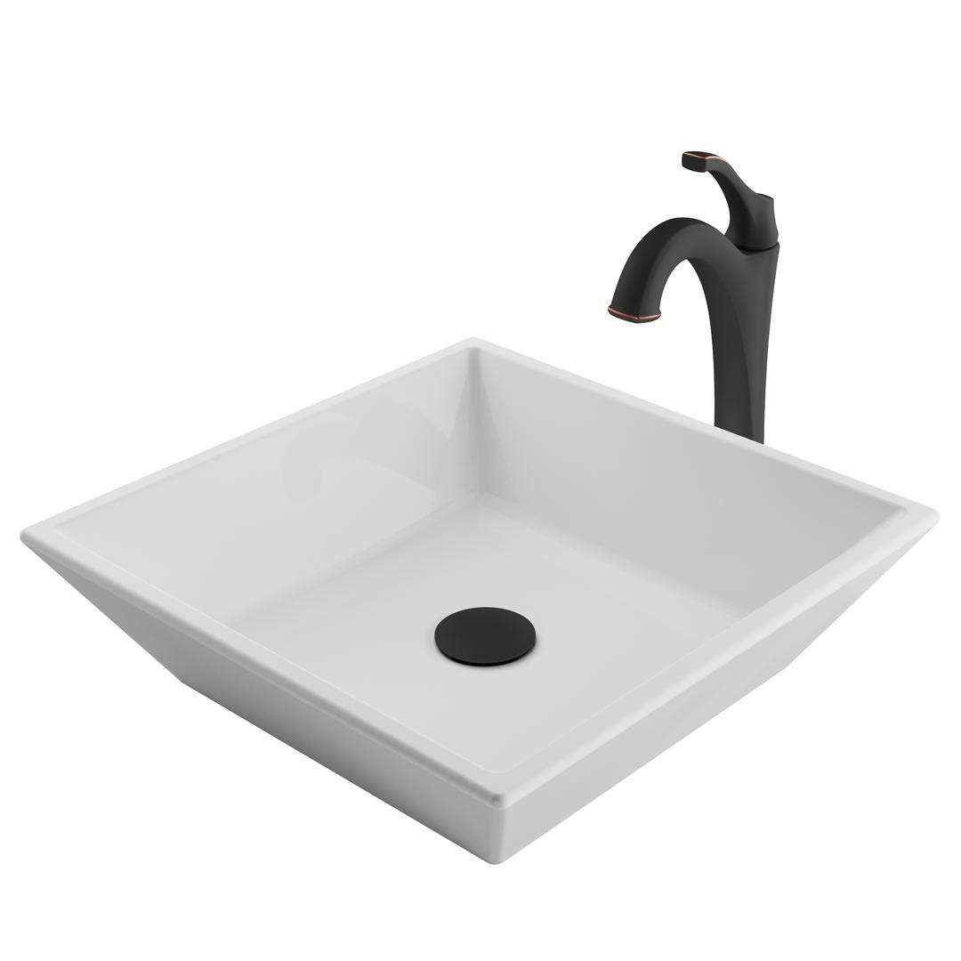 Kraus 16 In. Elavo Square White Porcelain Ceramic Bathroom Vessel Sink & Arlo Faucet Combo Set With Pop-up Drain, Oil Rubbed Bronze