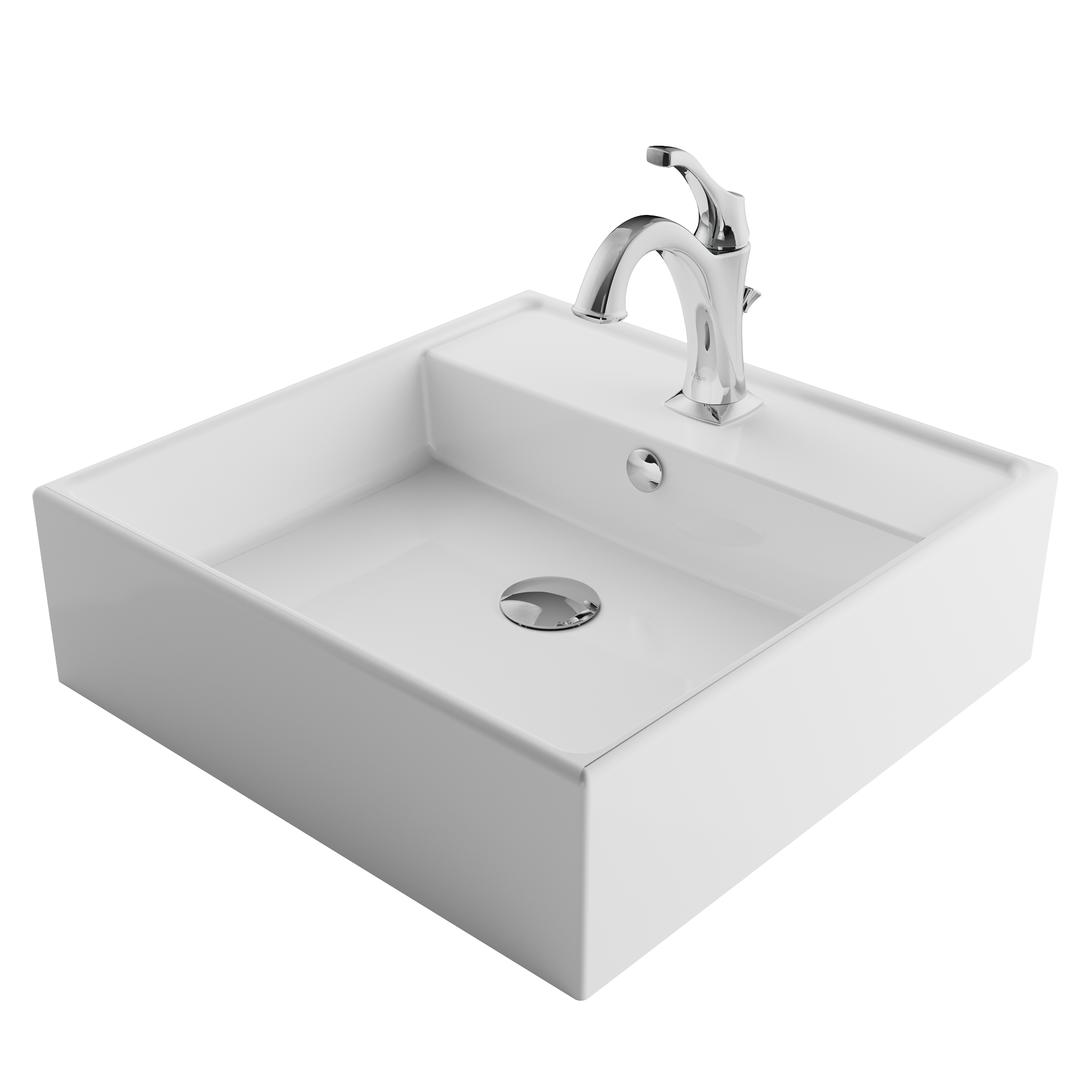 Kraus 18.5 In. Elavo Square White Porcelain Ceramic Bathroom Vessel Sink With Overflow & Arlo Faucet Combo Set With Lift Rod Drain, Chrome
