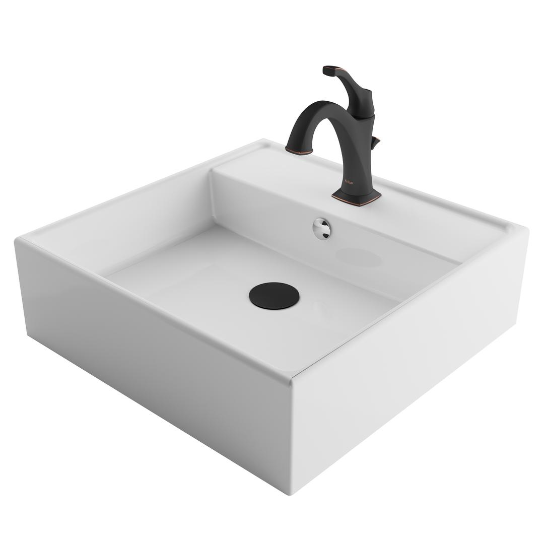 Kraus 18.5 In. Elavo Square White Porcelain Ceramic Bathroom Vessel Sink With Overflow & Matte Black Arlo Faucet Combo Set With Lift Rod Drain