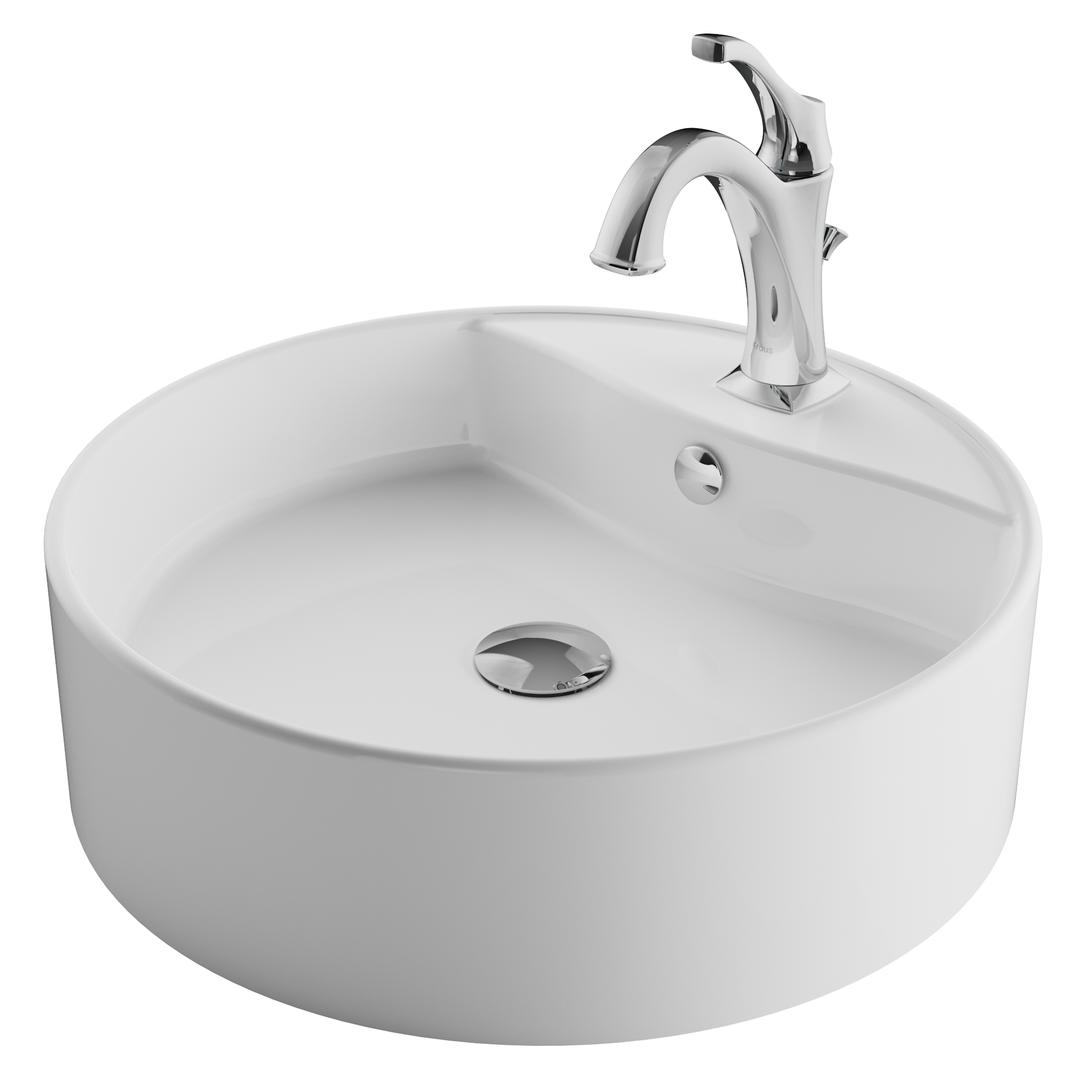 Kraus 18 In. Elavo Round White Porcelain Ceramic Bathroom Vessel Sink With Overflow & Arlo Faucet Combo Set With Lift Rod Drain, Chrome