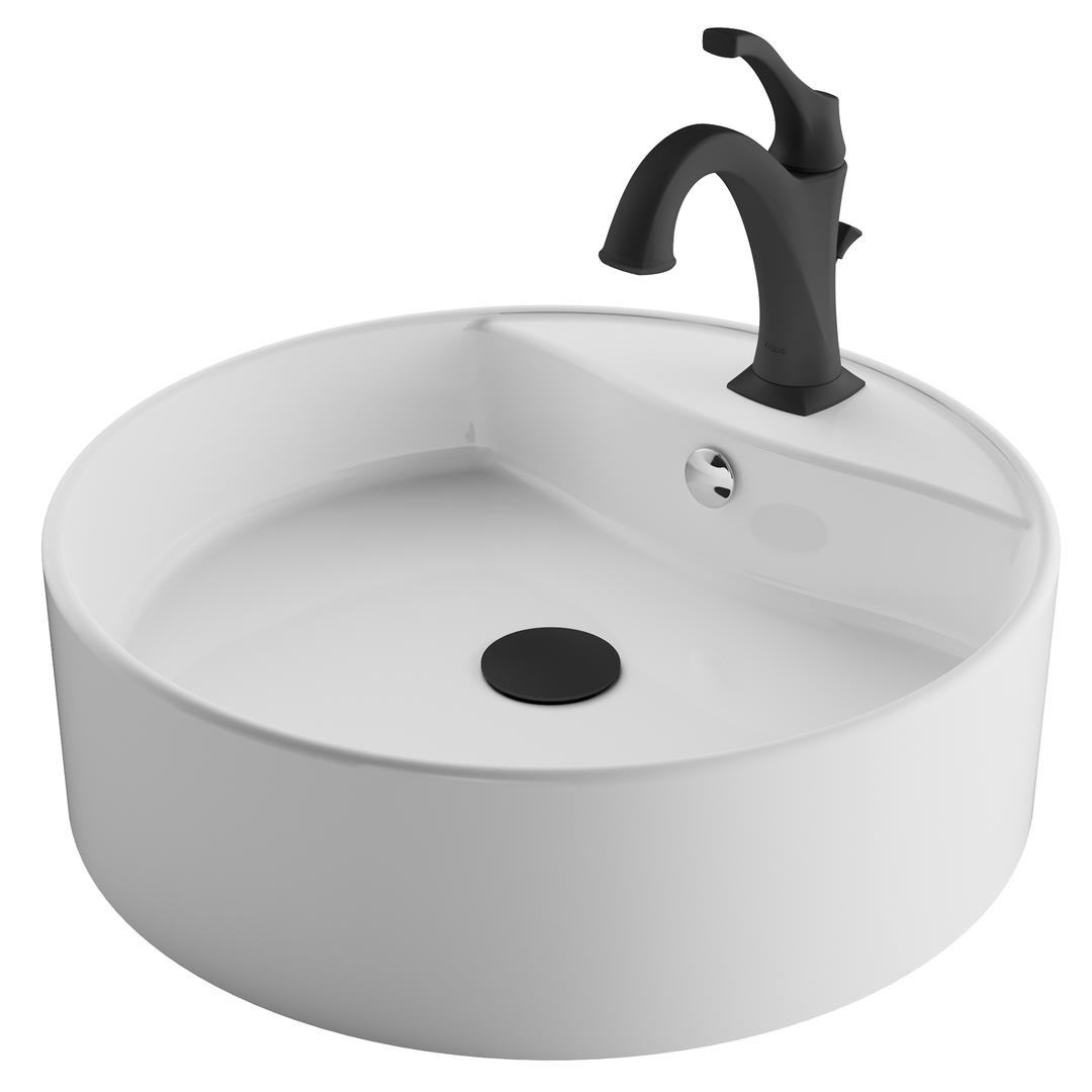 Kraus 18 In. Elavo Round White Porcelain Ceramic Bathroom Vessel Sink With Overflow & Matte Black Arlo Faucet Combo Set With Lift Rod Drain