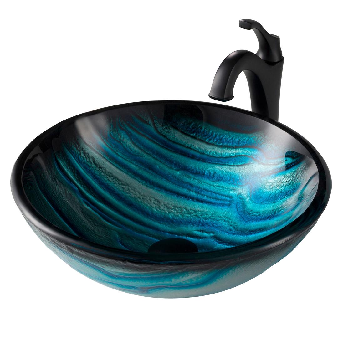 Kraus C-gv-399-19mm-1200mb 17 In. Blue Glass Nature Series Bathroom Vessel Sink & Matte Black Arlo Faucet Combo Set With Pop-up Drain