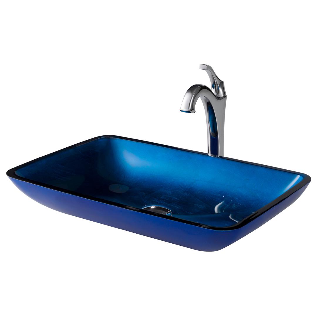 Kraus C-gvr-204-re-1200ch 22 In. Rectangular Blue Glass Bathroom Vessel Sink & Arlo Faucet Combo Set With Pop-up Drain, Chrome
