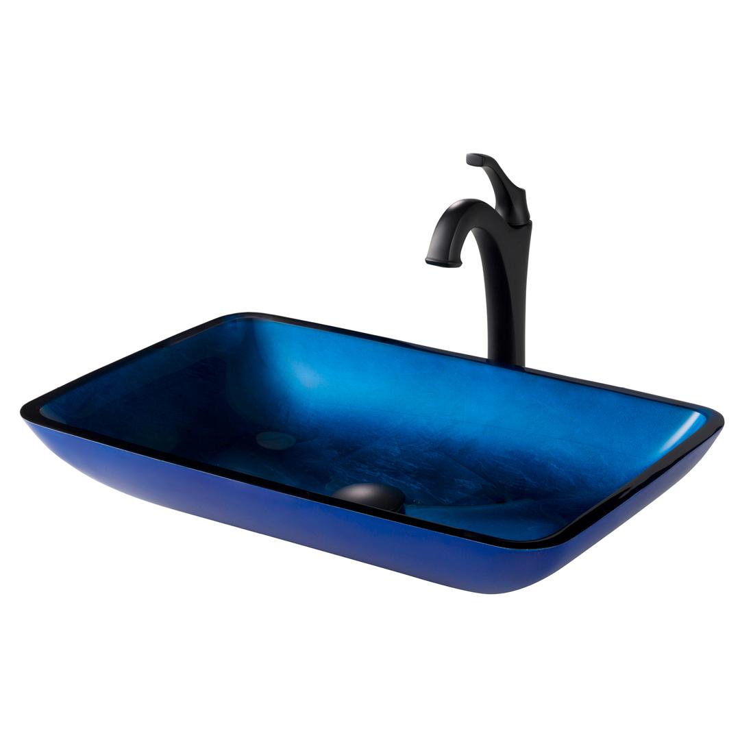 Kraus C-gvr-204-re-1200mb 22 In. Rectangular Blue Glass Bathroom Vessel Sink & Matte Black Arlo Faucet Combo Set With Pop-up Drain