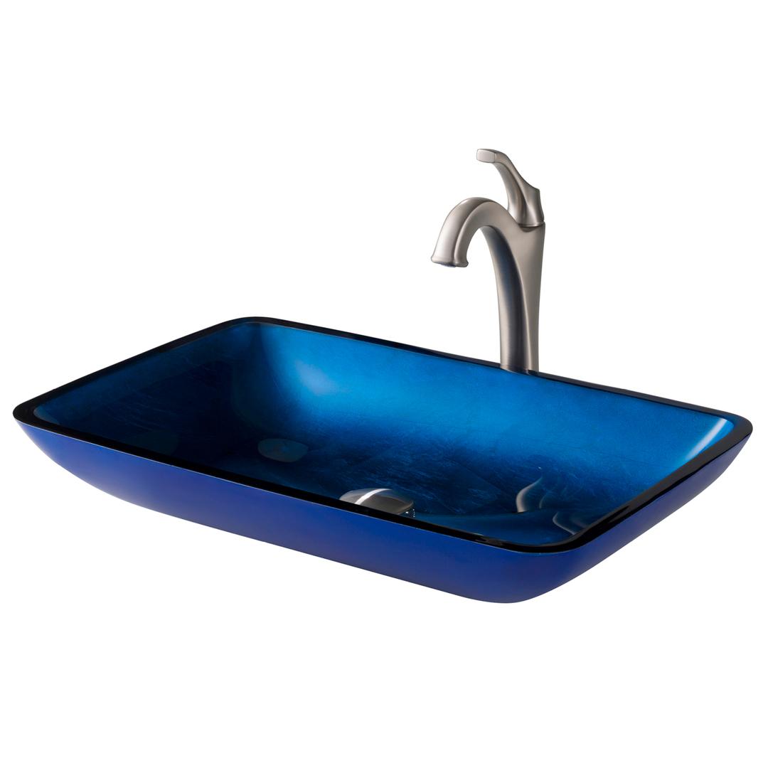 Kraus 22 In. Rectangular Blue Glass Bathroom Vessel Sink & Spot Free Arlo Faucet Combo Set With Pop-up Drain, Stainless Brushed Nickel