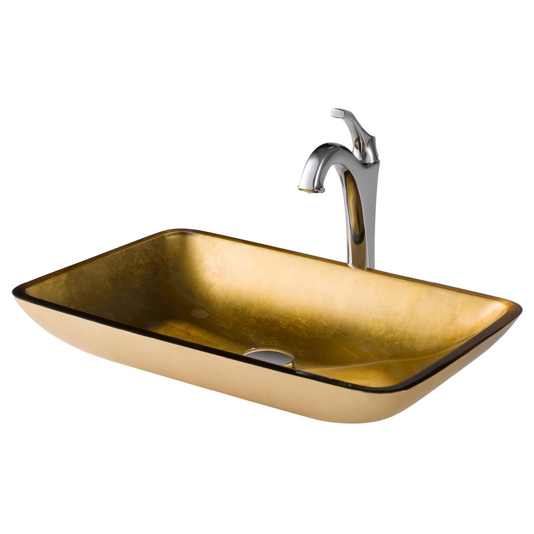 Kraus C-gvr-210-re-1200ch 22 In. Rectangular Gold Glass Bathroom Vessel Sink & Arlo Faucet Combo Set With Pop-up Drain, Chrome