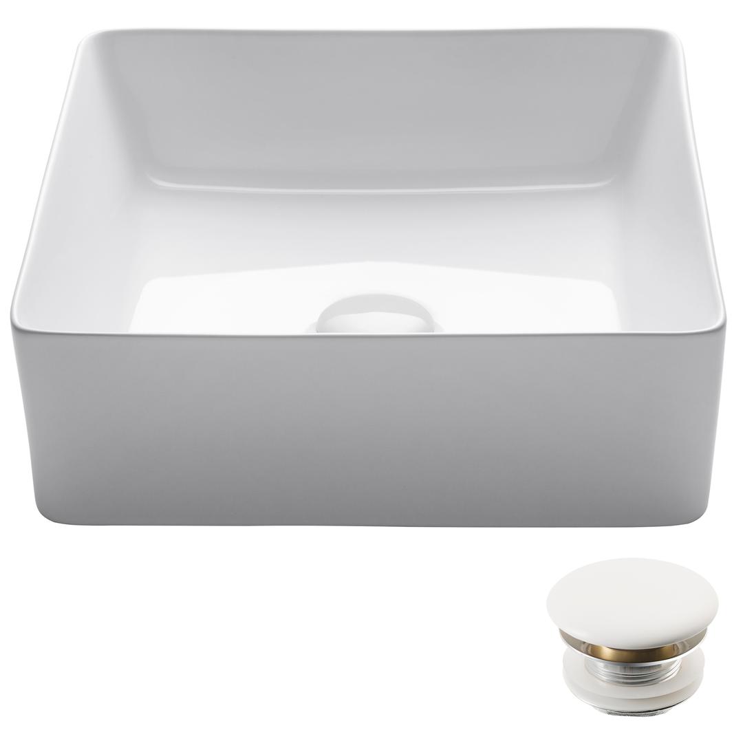 Kraus Kcv-202gwh-20 Viva Square White Porcelain Ceramic Vessel Bathroom Sink With Pop-up Drain - 15.625 X 15.625 X 5.125 In.