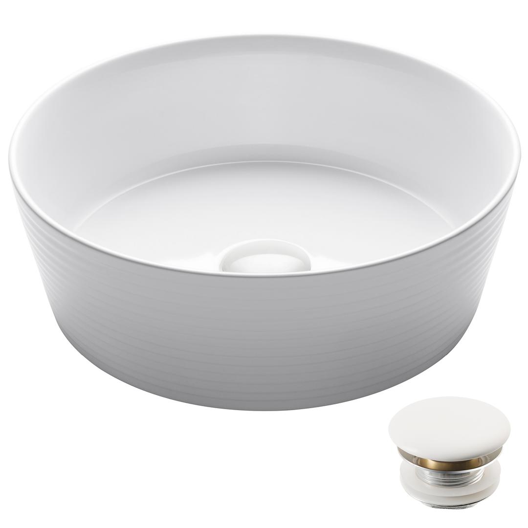 Kraus Kcv-205gwh-20 15.75 X 5.38 In. Viva Round White Porcelain Ceramic Vessel Bathroom Sink With Pop-up Drain