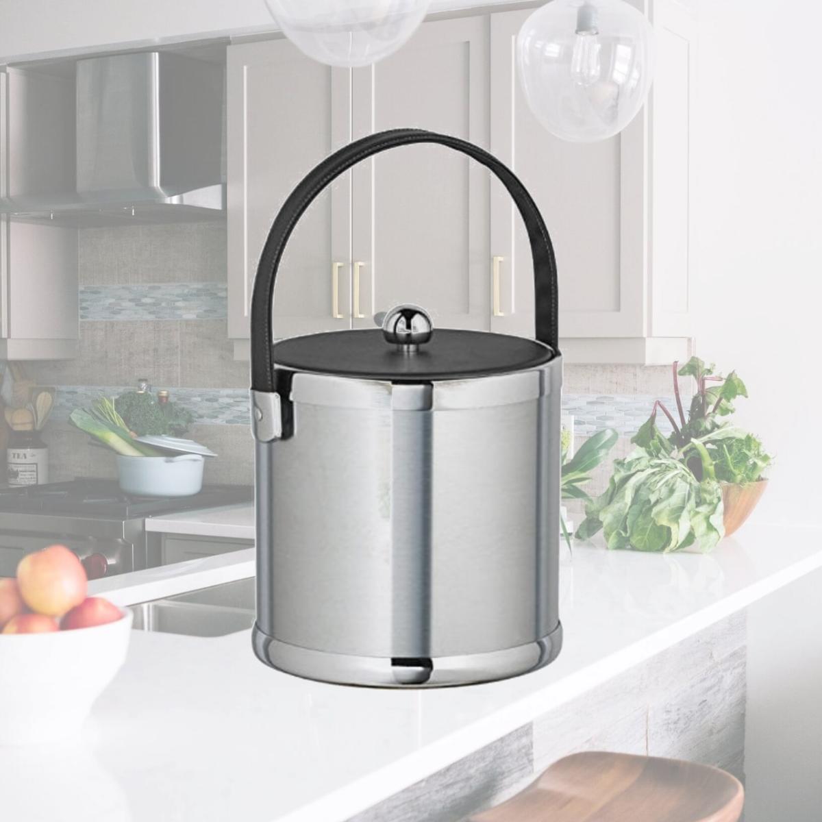 Picture of Kraftware Corp 70473 Brushed Chrome 3 qt. Ice Bucket With Black Stitched Handle And Fabric Lid