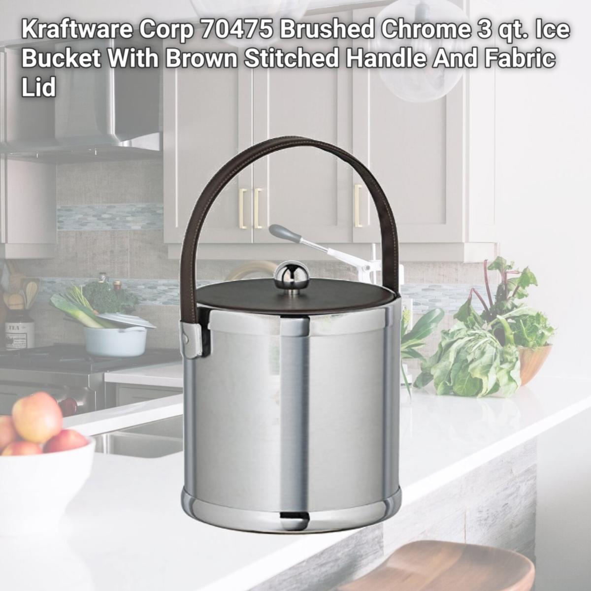 Picture of Kraftware Corp 70475 Brushed Chrome 3 qt. Ice Bucket With Brown Stitched Handle And Fabric Lid