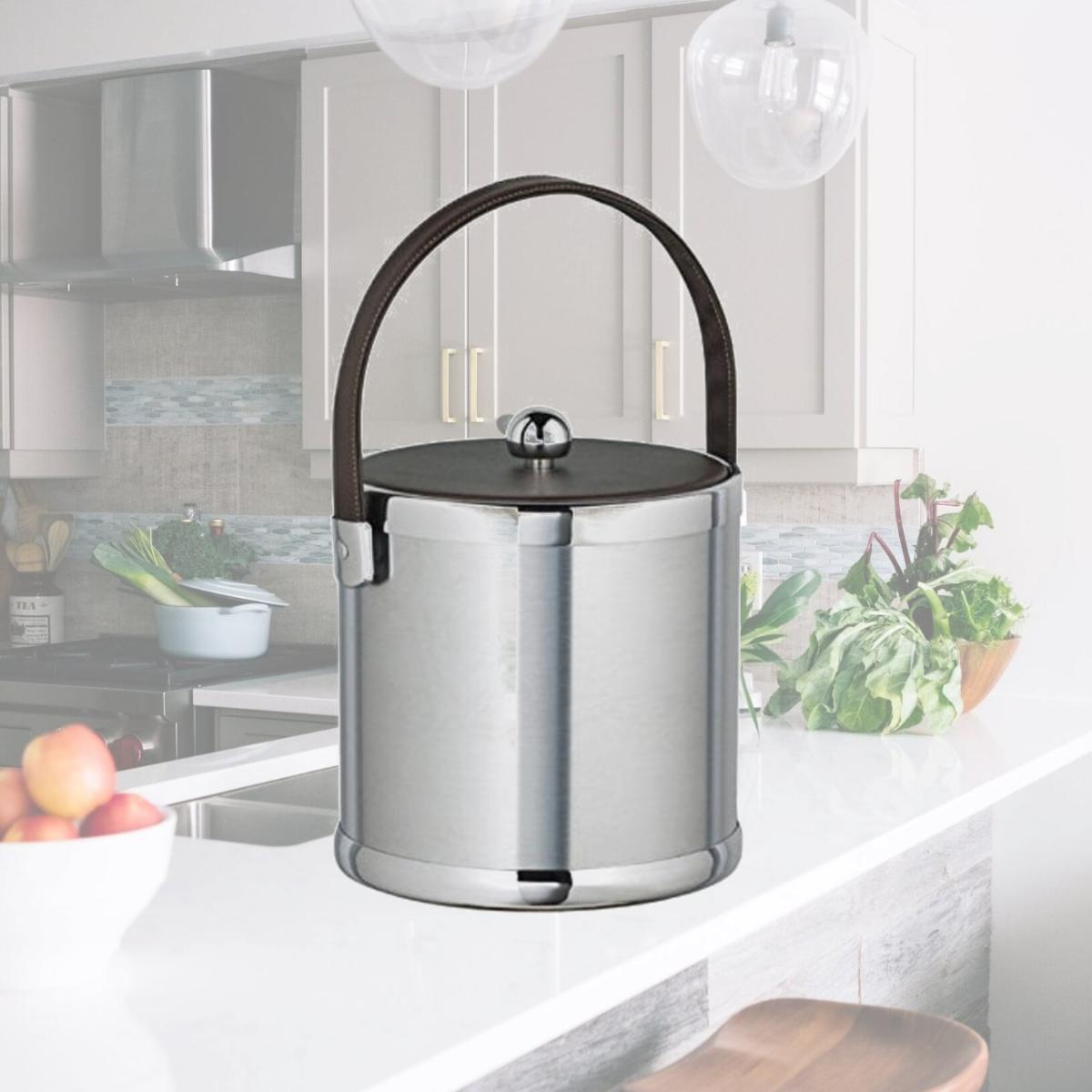 Picture of Kraftware Corp 70475 Brushed Chrome 3 qt. Ice Bucket With Brown Stitched Handle And Fabric Lid