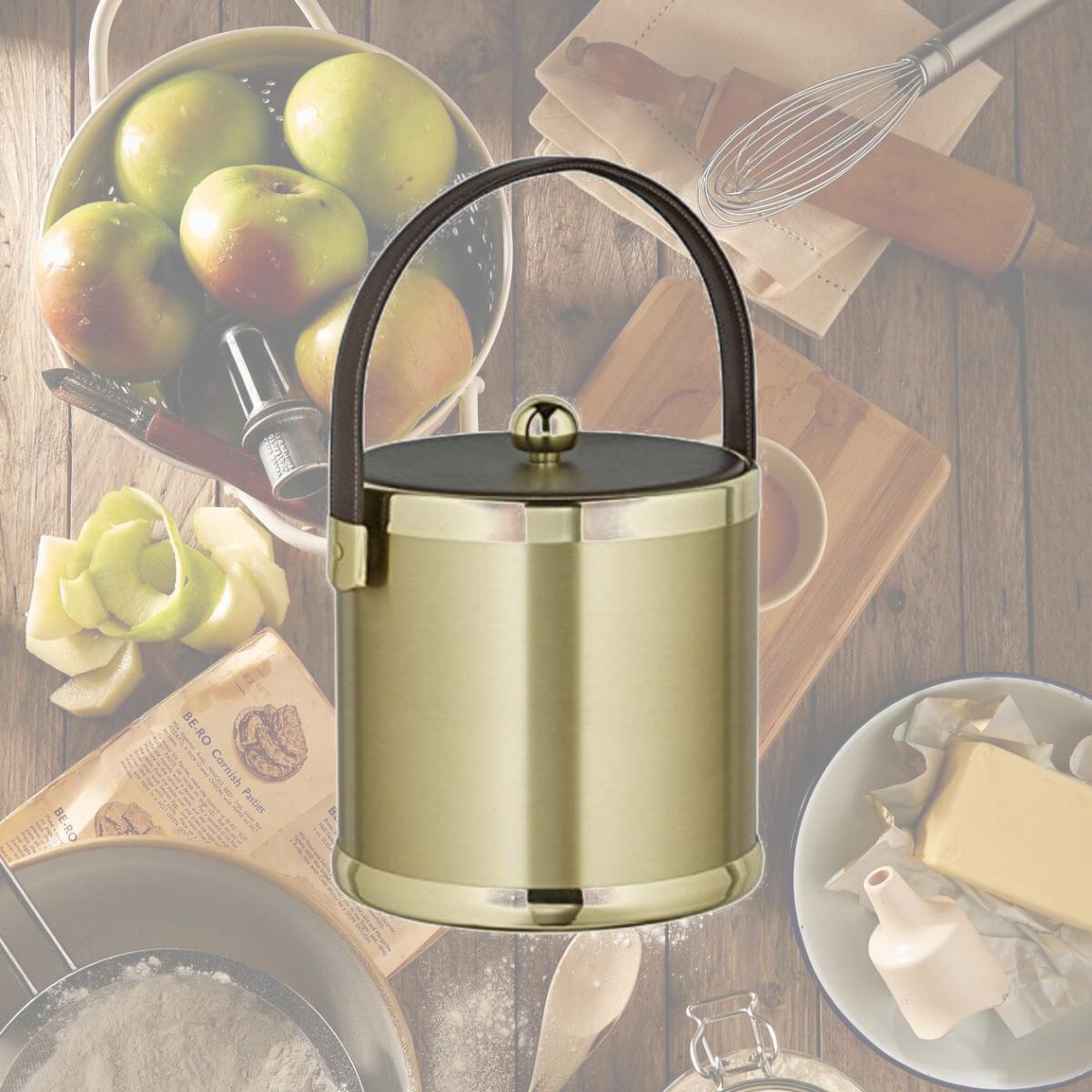 Picture of Kraftware Corp 70575 Brushed Brass 3 qt. Ice Bucket With Brown Stitched Handle And Fabric Lid