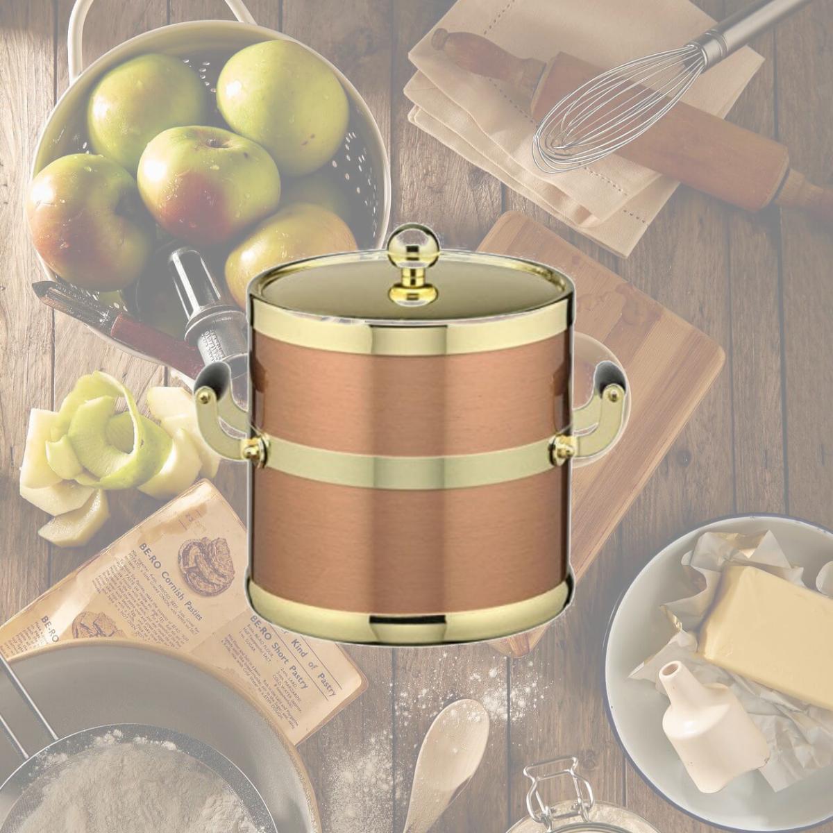Picture of Kraftware Corp 70894 Ice Bucket- Polished Brass Lid- Wood Side Handles Copper & Brass 3 qt.