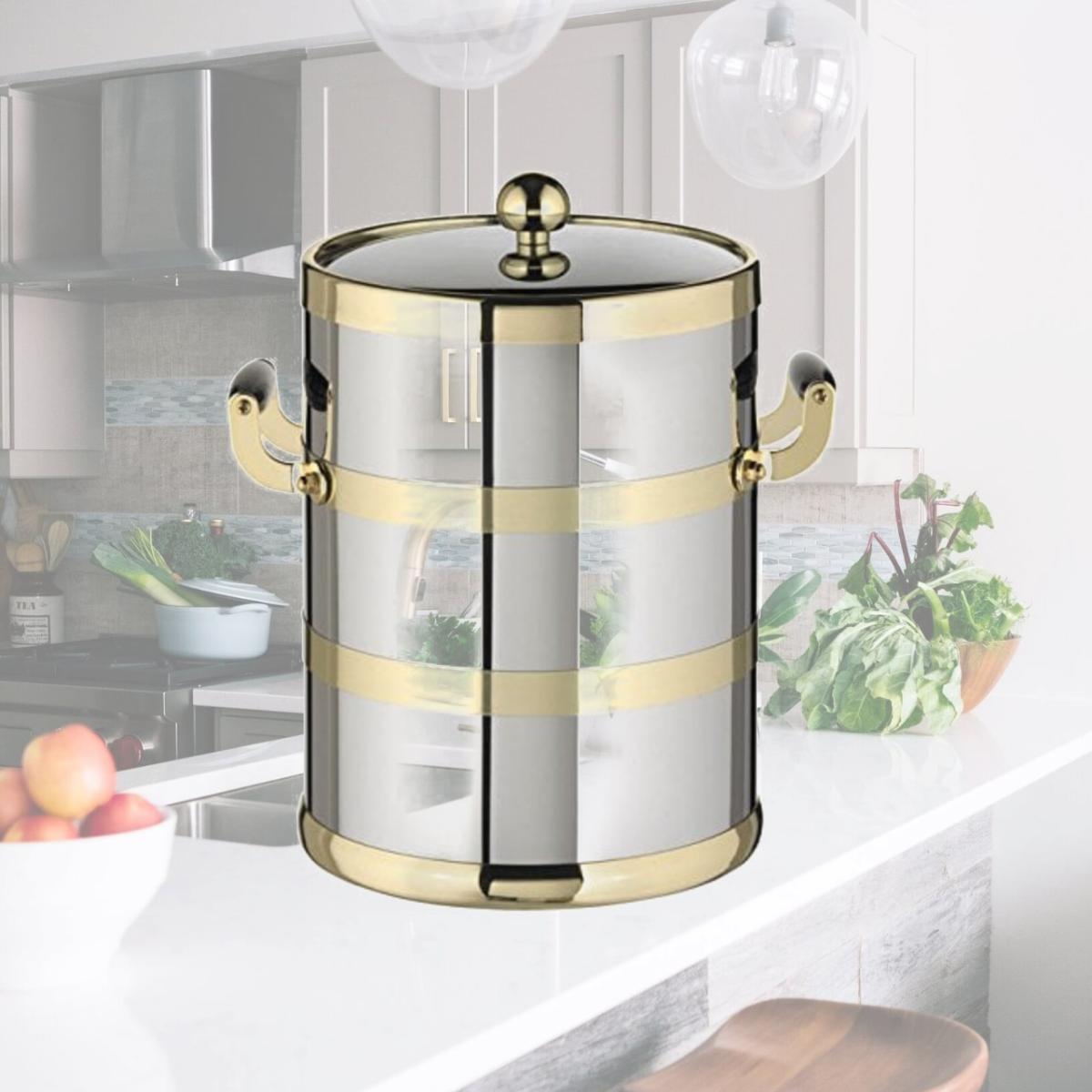 Picture of Kraftware Corp 70195 Polished Chrome With Brass 5 qt. Ice Bucket With Wood Side Handles- Bands & Metal Cover