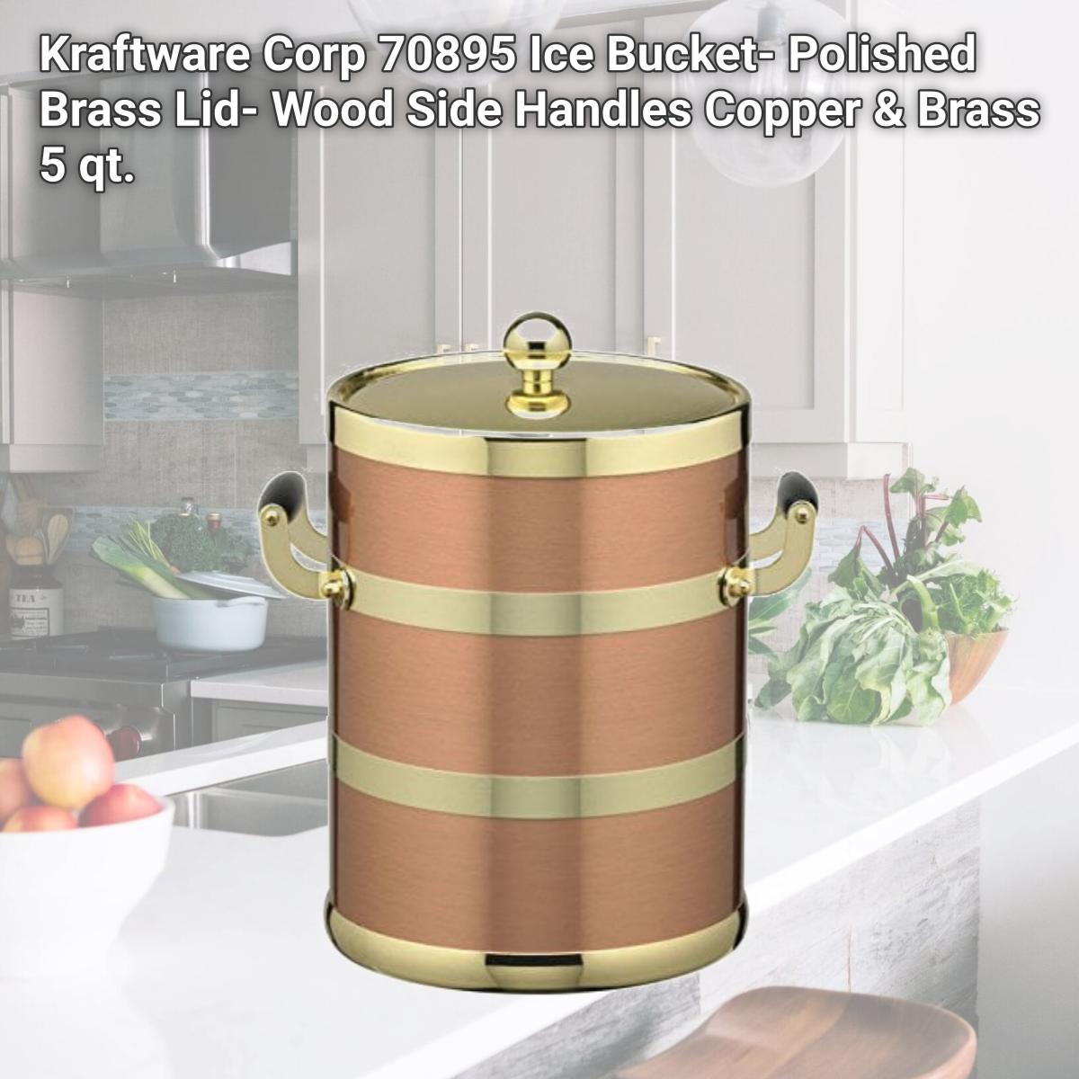 Picture of Kraftware Corp 70895 Ice Bucket- Polished Brass Lid- Wood Side Handles Copper & Brass 5 qt.