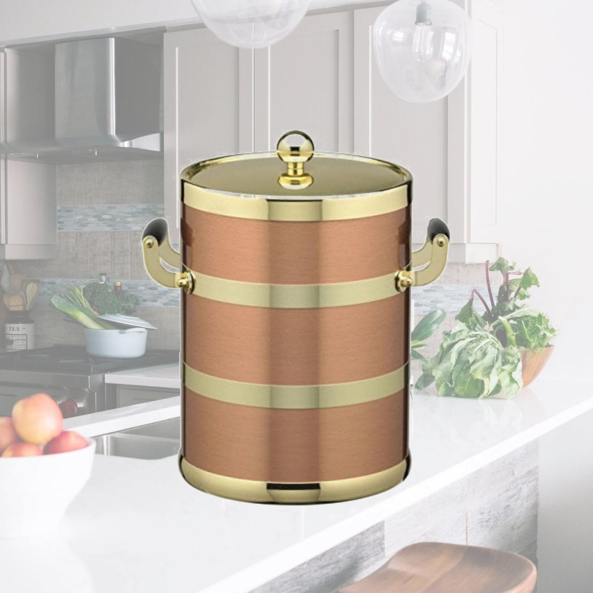 Picture of Kraftware Corp 70895 Ice Bucket- Polished Brass Lid- Wood Side Handles Copper & Brass 5 qt.