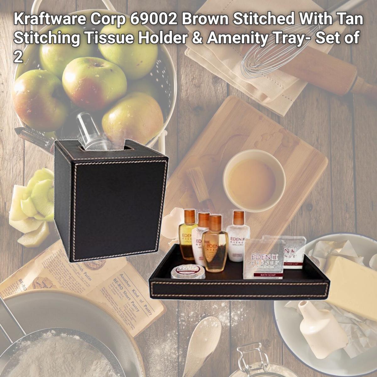 Picture of Kraftware Corp 69002 Brown Stitched With Tan Stitching Tissue Holder & Amenity Tray- Set of 2