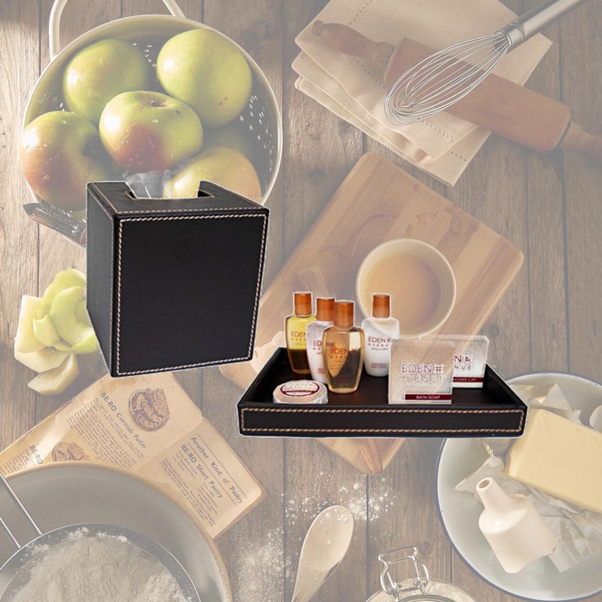 Picture of Kraftware Corp 69002 Brown Stitched With Tan Stitching Tissue Holder & Amenity Tray- Set of 2