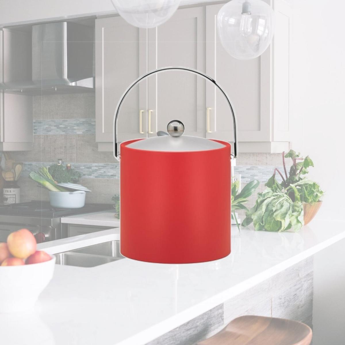 Picture of Kraftware 10766 B.C. Red 3 Quart Ice Bucket- Chrome Bale Handle- Chrome Flat Knob- Frosted Vinyl Lid