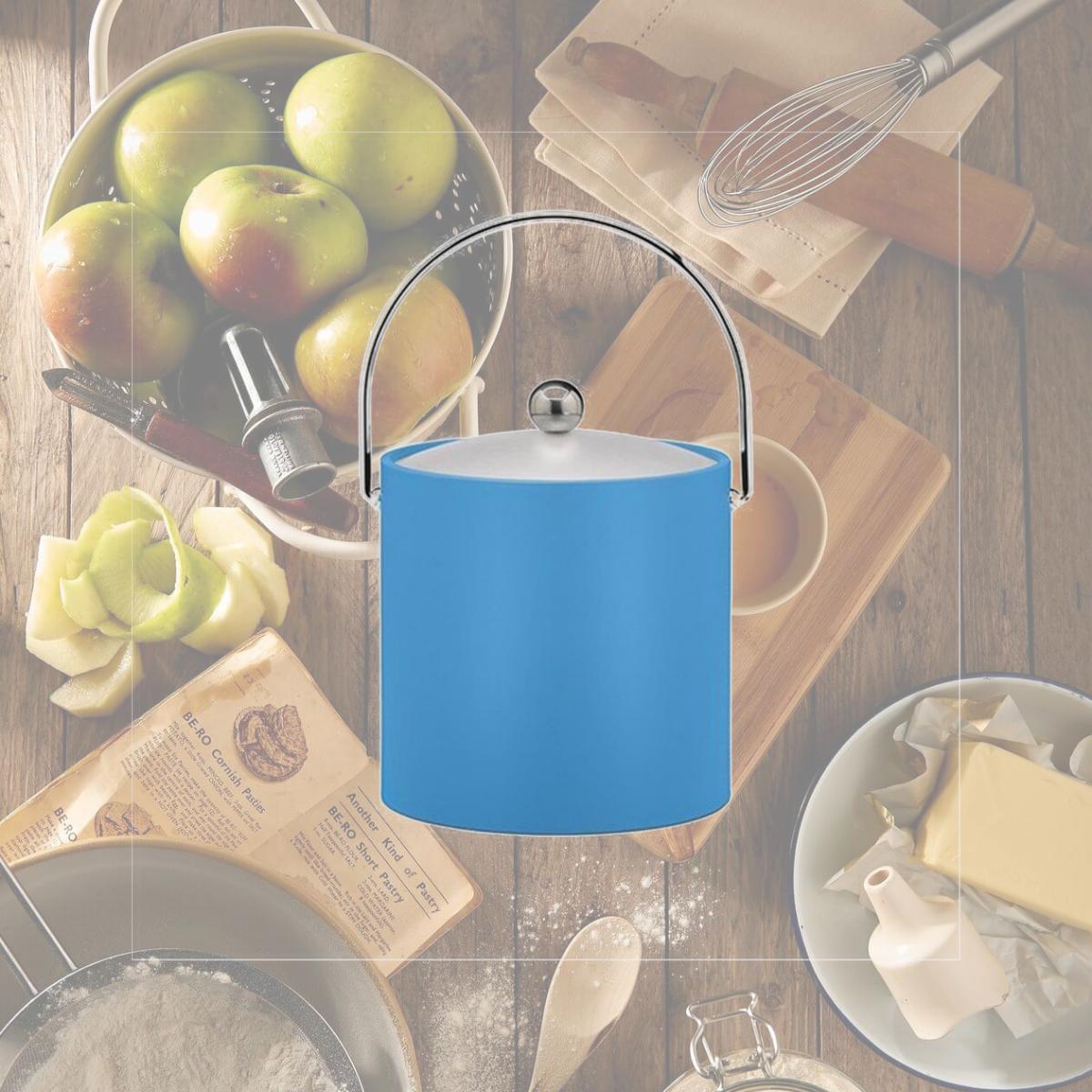 Picture of Kraftware 12266 B.C. Process Blue 3 Quart Ice Bucket- Chrome Bale Handle- Chrome Flat Knob- Frosted Vinyl Lid