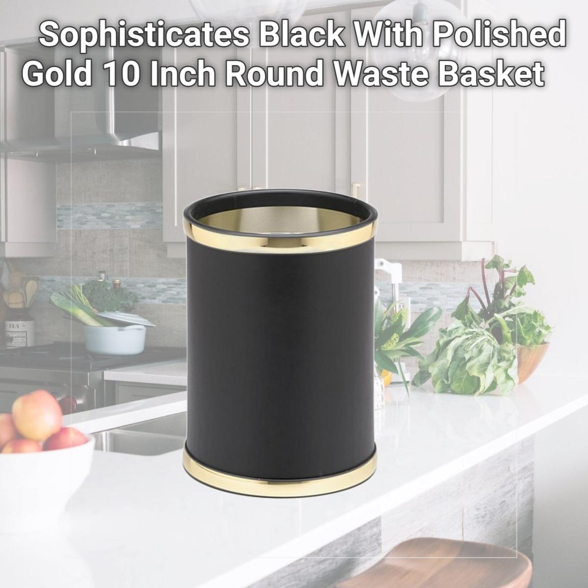 Picture of Kraftware 50048 Sophisticates Black With Polished Gold 10 Inch Round Waste Basket