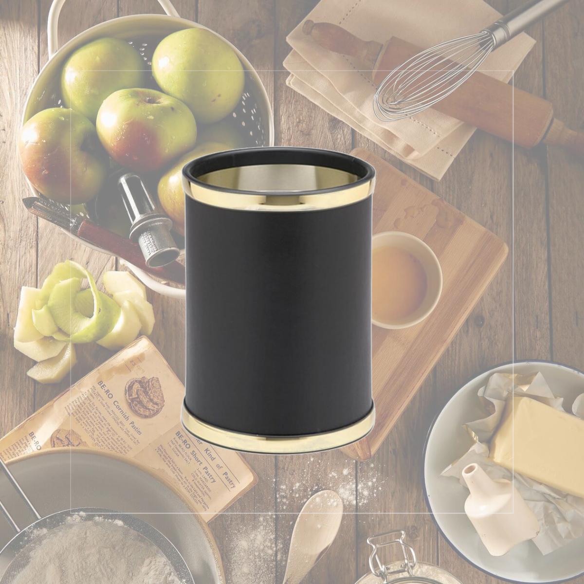 Picture of Kraftware 50048 Sophisticates Black With Polished Gold 10 Inch Round Waste Basket