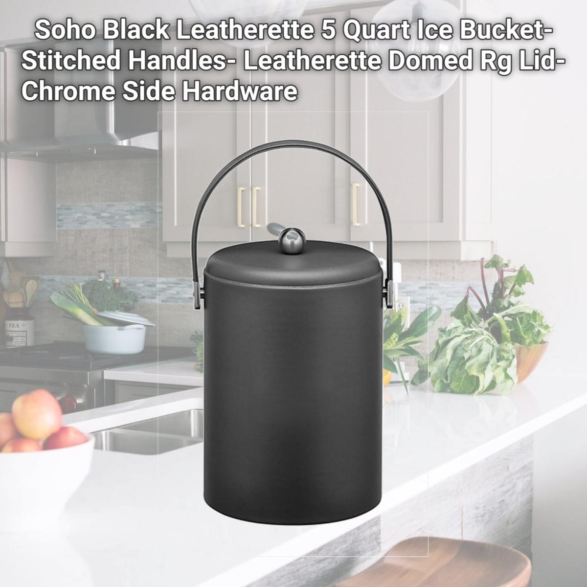Picture of Kraftware 69441 Soho Black Leatherette 5 Quart Ice Bucket- Stitched Handles- Leatherette Domed Rg Lid- Chrome Side Hardware