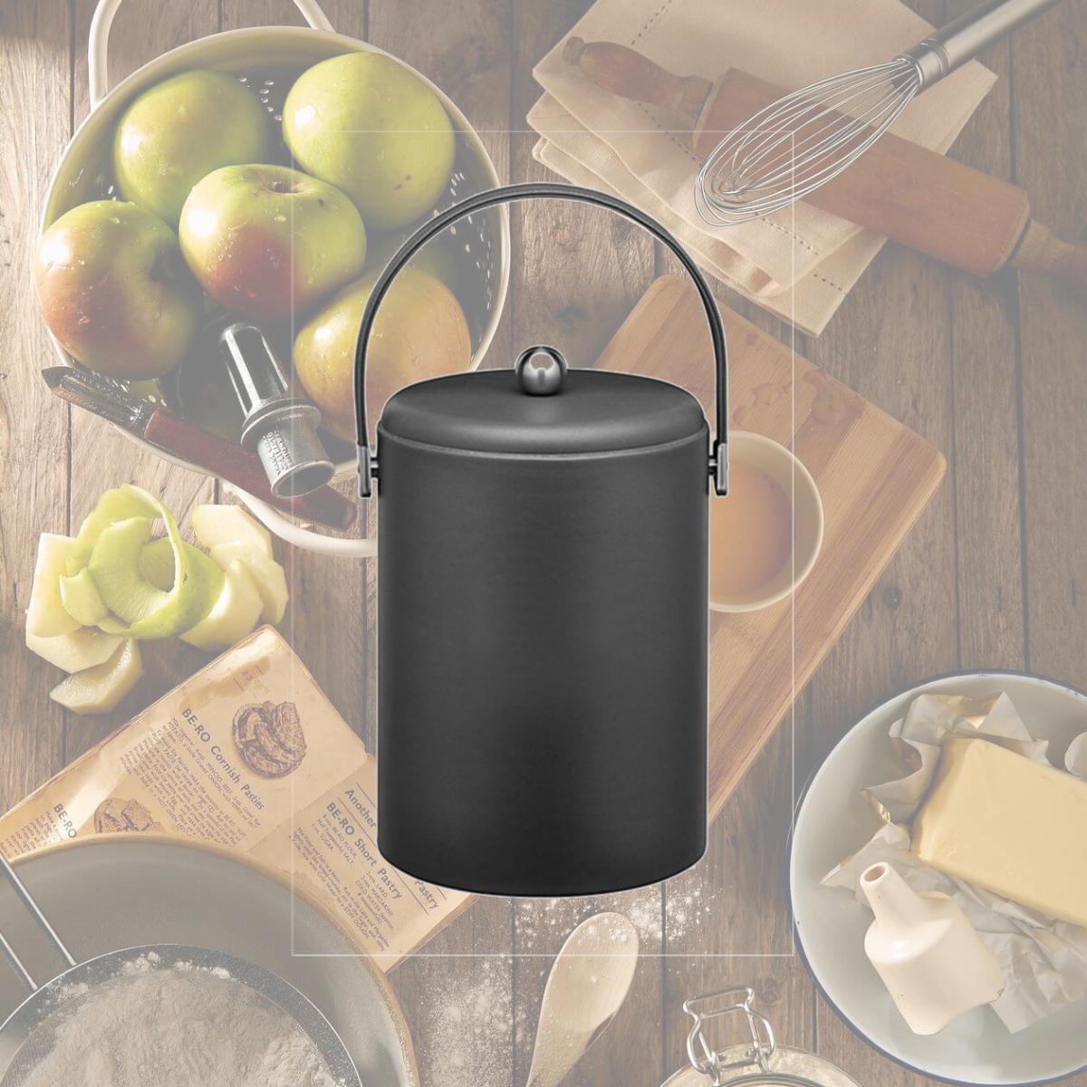Picture of Kraftware 69441 Soho Black Leatherette 5 Quart Ice Bucket- Stitched Handles- Leatherette Domed Rg Lid- Chrome Side Hardware