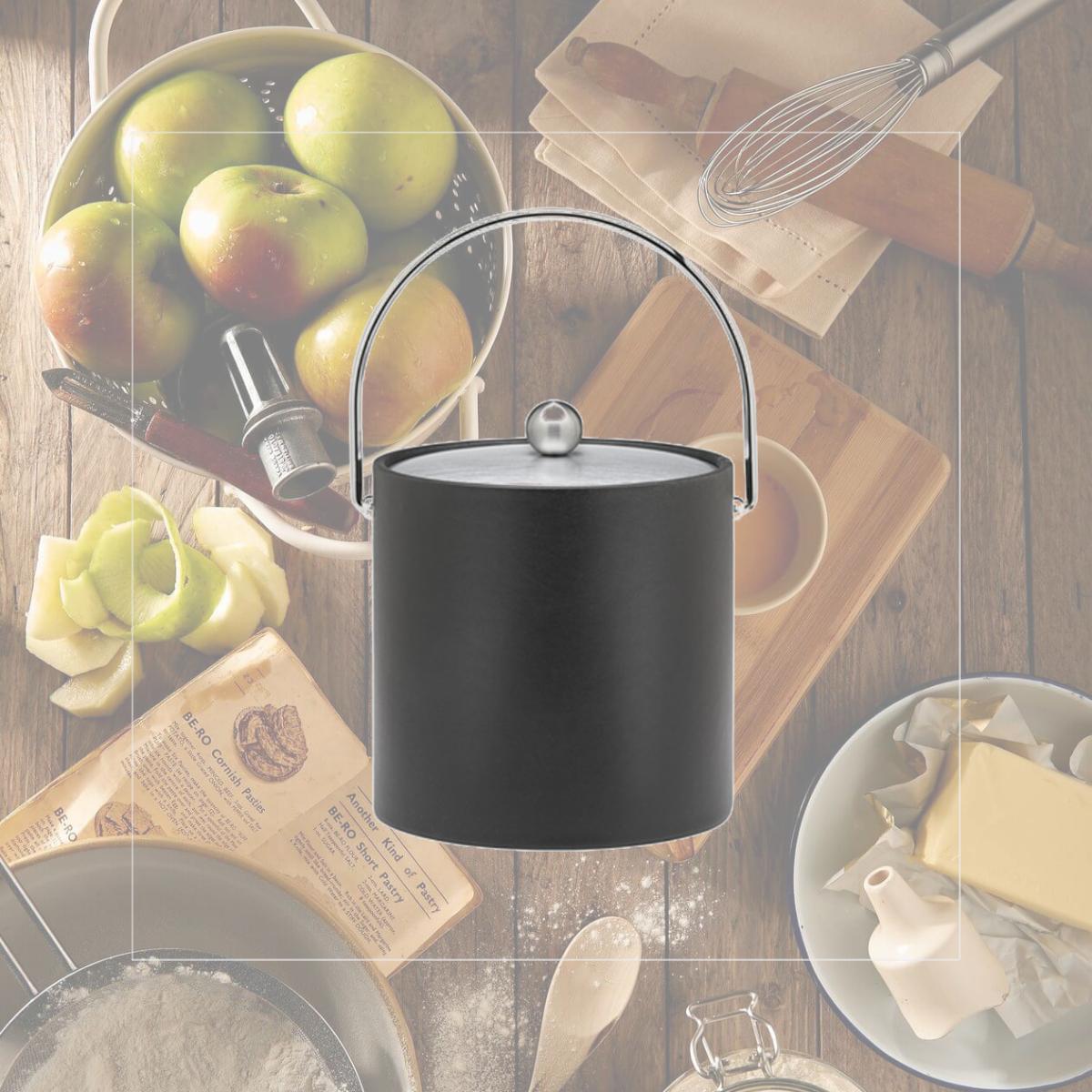 Picture of Kraftware 69468 Soho Black Leatherette 3 Quart Ice Bucket- Chrome Bale Handle- Chrome Lid
