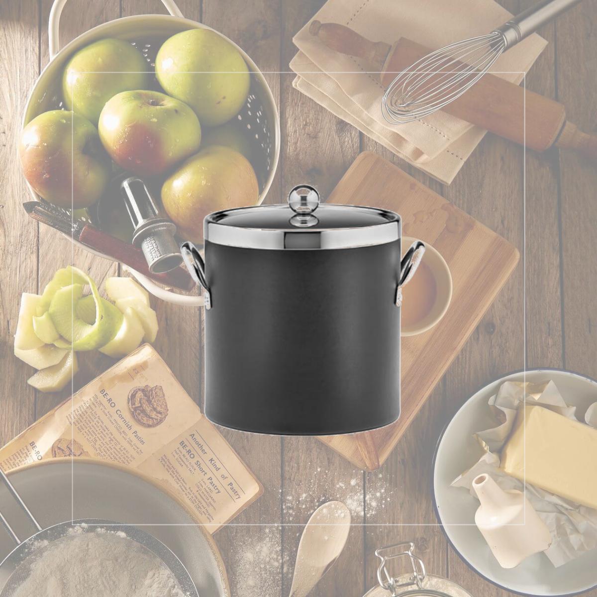 Picture of Kraftware 69472 Soho Black Leatherette 3 Quart Ice Bucket- Stitched Handles- Leatherette Domed Rg Lid- Chrome Side Hardware