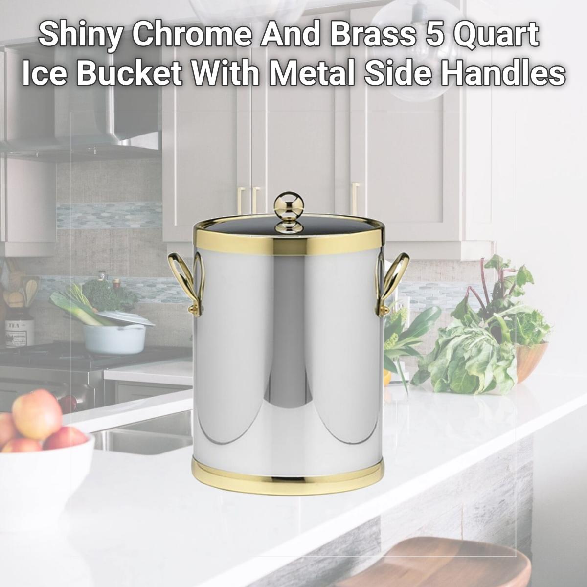 Picture of Kraftware 70142 Shiny Chrome And Brass 5 Quart Ice Bucket With Metal Side Handles