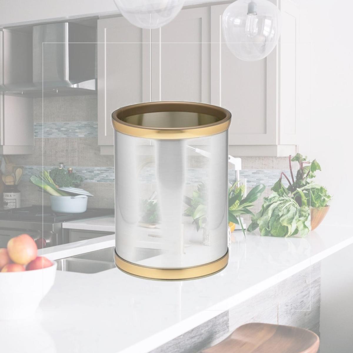 Picture of Kraftware 76448 Mylar Brushed Chrome And Brass 10 Inch Round Waste Basket