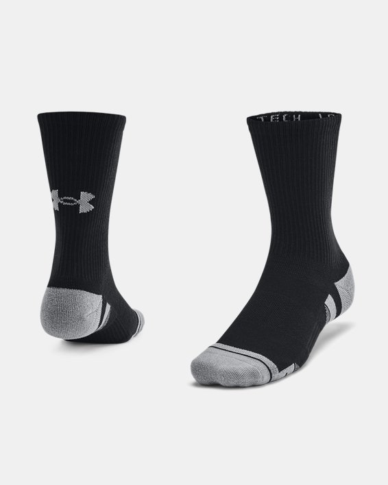 Under Armour 1379512002LG Unisex Performance Tech Crew Socks - Pack of 3, Black & Castlerock - Large