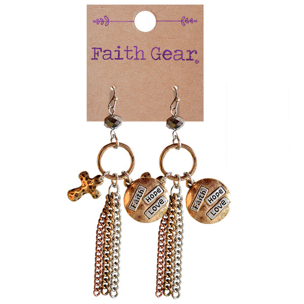 Fwej110 Brushed Gold, Rose Gold & Antique Silver Faith Hope Love Faith Gear Womens Earrings