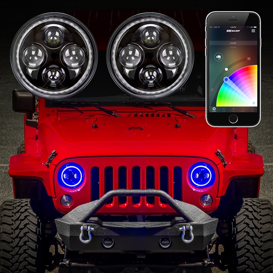 042005kit 7 In. Jeep Rgb Halo Led Headlight Kit With Xkchrome Smartphone App, 2 Piece