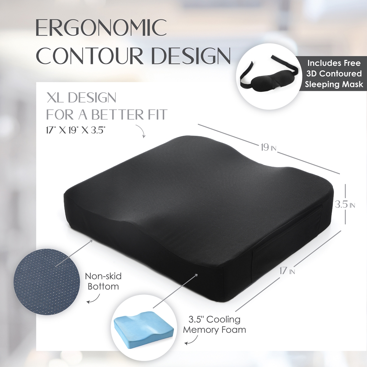 Picture of Stephan Roberts Home STRB-SC17X19-08 Stephan Robert Seat Cushion, Non-Slip Orthopedic Cooling Memory Foam, Back and Tailbone Relief, Black