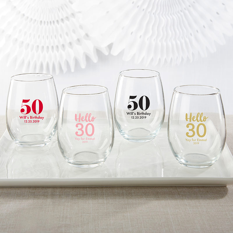 30009na-bda 9 Oz Personalized Stemless Wine Glass - Milestone Birthday