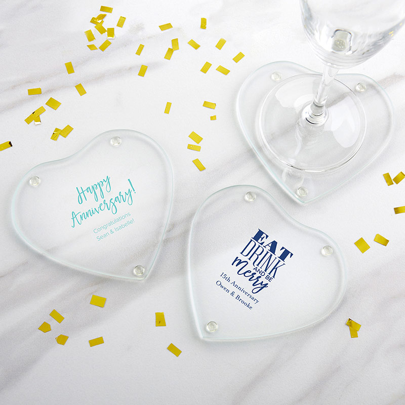 27183NA-AN Personalized Glass Heart Shaped Coaster - Anniversary, Set of 12