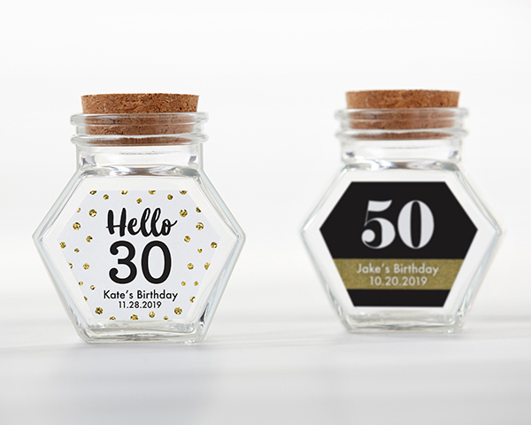 27138na-bda Personalized Glass Hexagon Jar - Milestone Birthday - Set Of 12