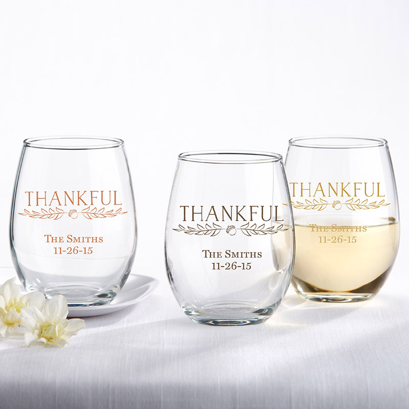 30009na-thk 9 Oz Personalized Stemless Wine Glass - Thankful