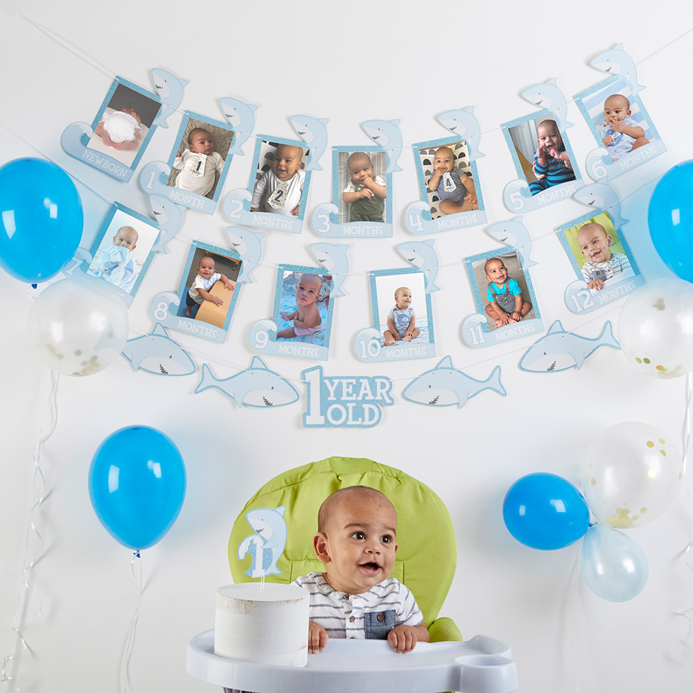 28482NA 0.1 x 5.5 x 7.7 in. 1st Birthday Milestone Photo Banner & Cake Topper for Shark Party