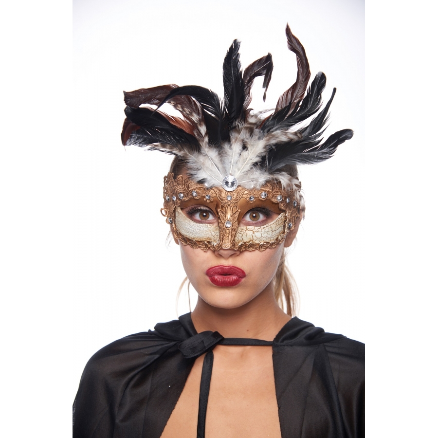 Kayso Flm005gd Plastic Mask With Gold Lace & Feathers