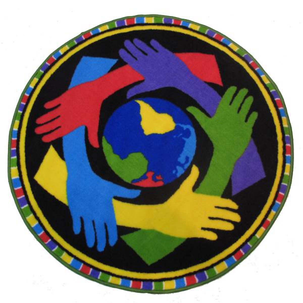 39 In. Round Fun Time Shapes-hands Around The World, Medium Pile Childrens Area Rug