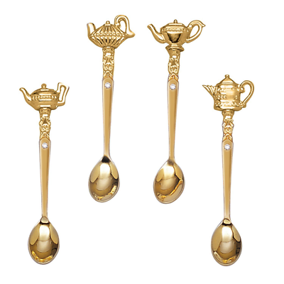 87626 Gold Plated Teapot Spoons With Crystal - Set Of 4