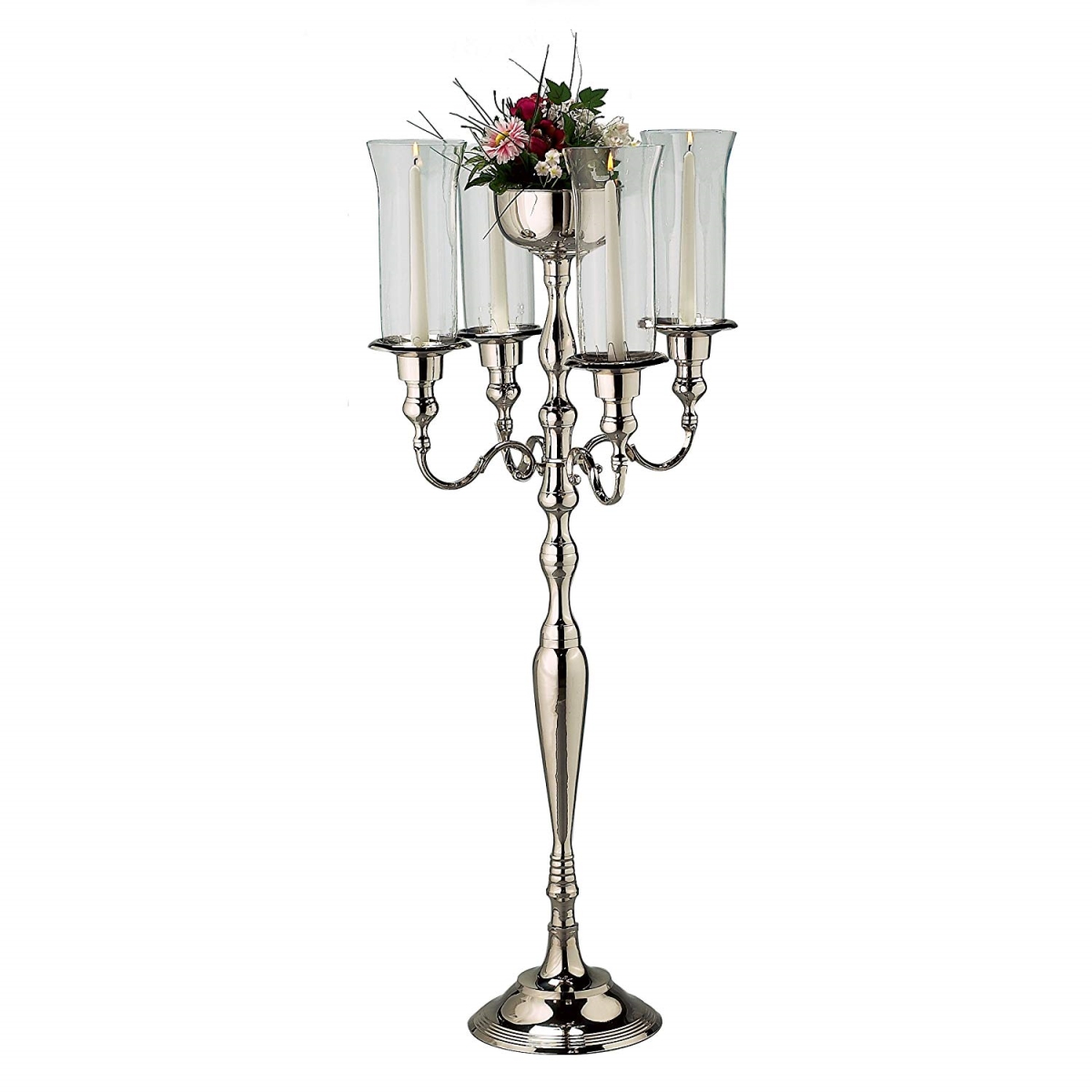 90443 42 In. Nickel Plate 4 Lite Candelabra With Bowl & Hurricanes