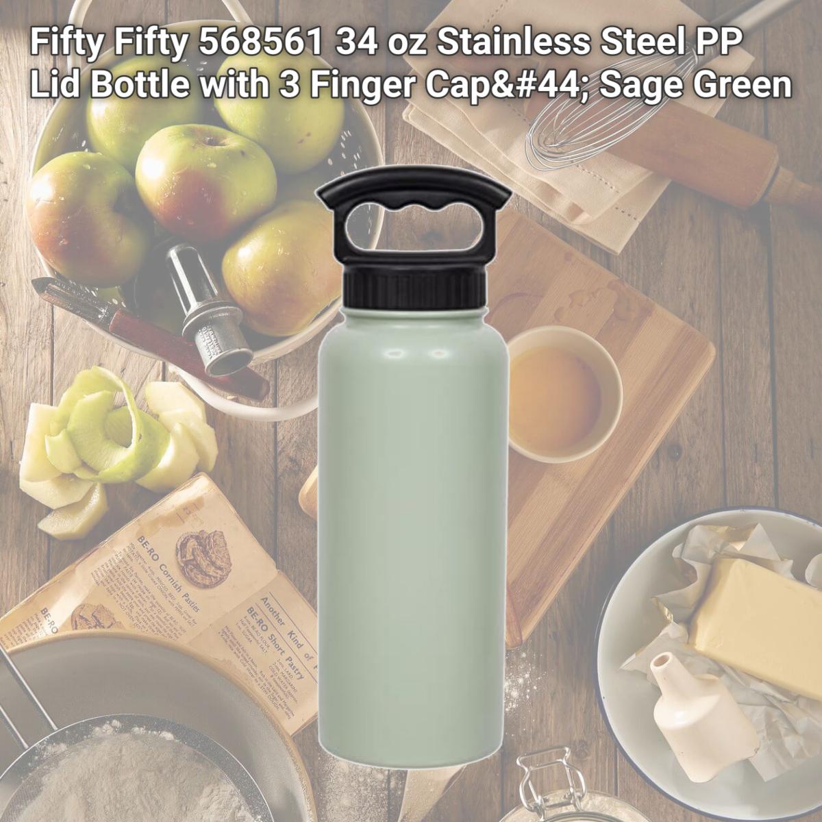 Picture of Fifty Fifty 568561 34 oz Stainless Steel PP Lid Bottle with 3 Finger Cap, Sage Green