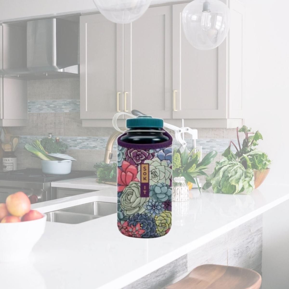 Picture of Sok-It 122309 32 oz Botl Sok Water Bottle Sleeve Insulated Neoprene Cover, Succulents